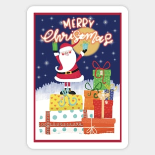 Merry Christmas! Happy Santa standing on a pile of gifts in the snow. Greeting card. Sticker